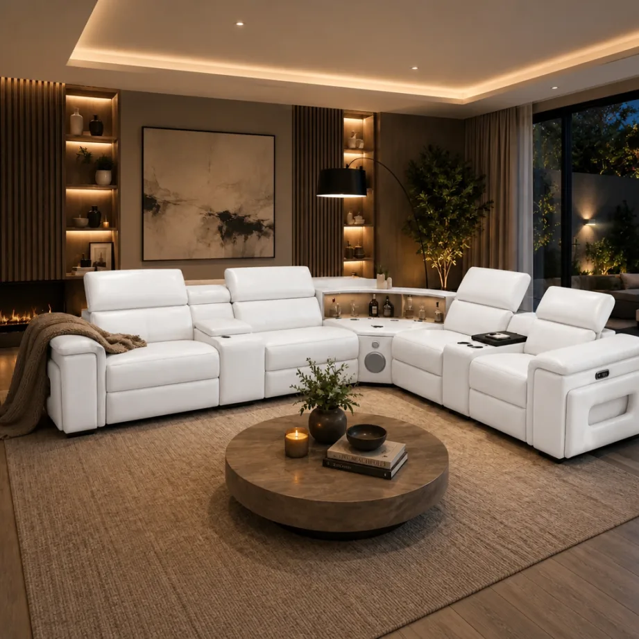 Elite Comfort Cream Leather Reclining Sectional With Console & Coffee Table