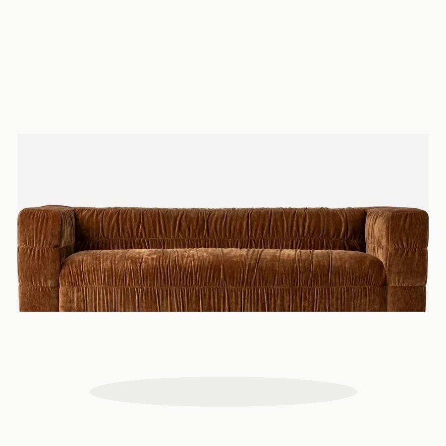 Grinza Ruched 3 Seater Couch Velvet Bronze Closeup