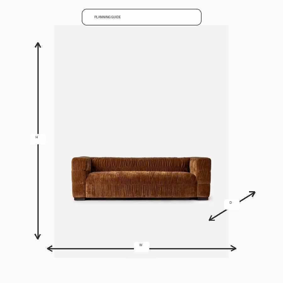 Grinza Ruched 3 Seater Couch Velvet Bronze Dimension