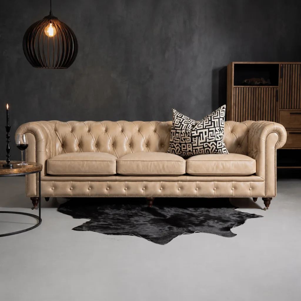 Jefferson Chesterfield 3 Seater Leather Couch – Burnt Tobacco