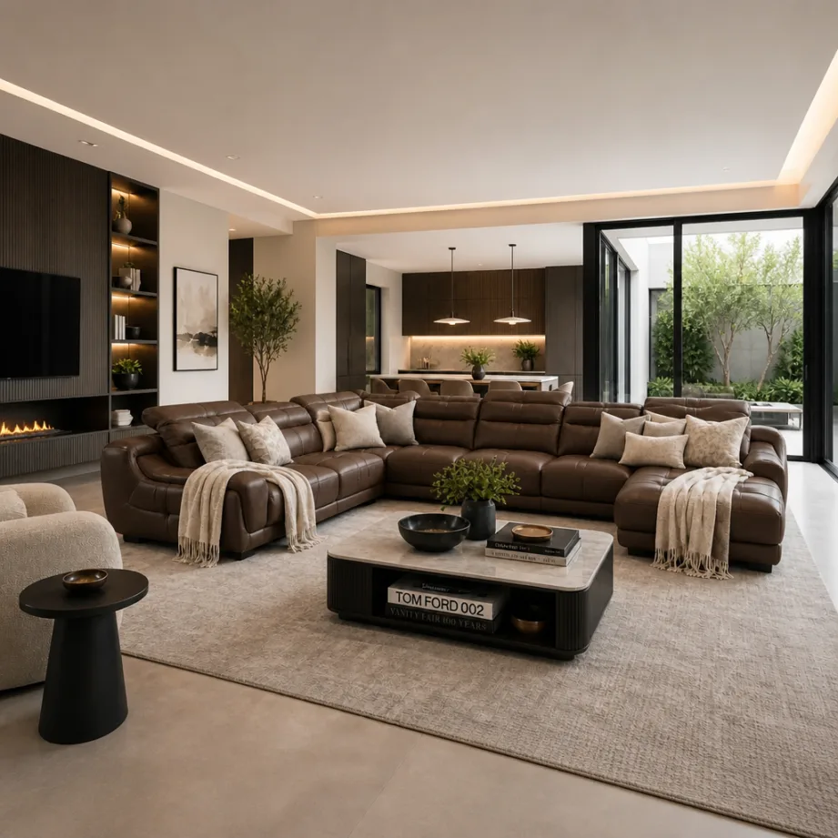 Signature Cream Sectional Sofa With Marble Coffee Table