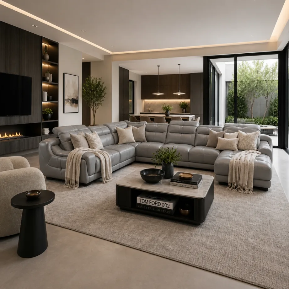 Signature Cream Sectional Sofa With Marble Coffee Table