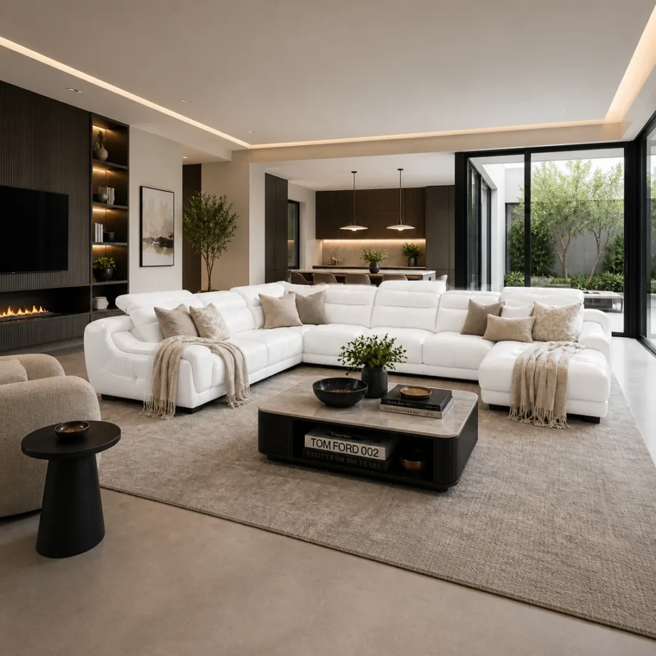 Signature Cream Sectional Sofa With Marble Coffee Table