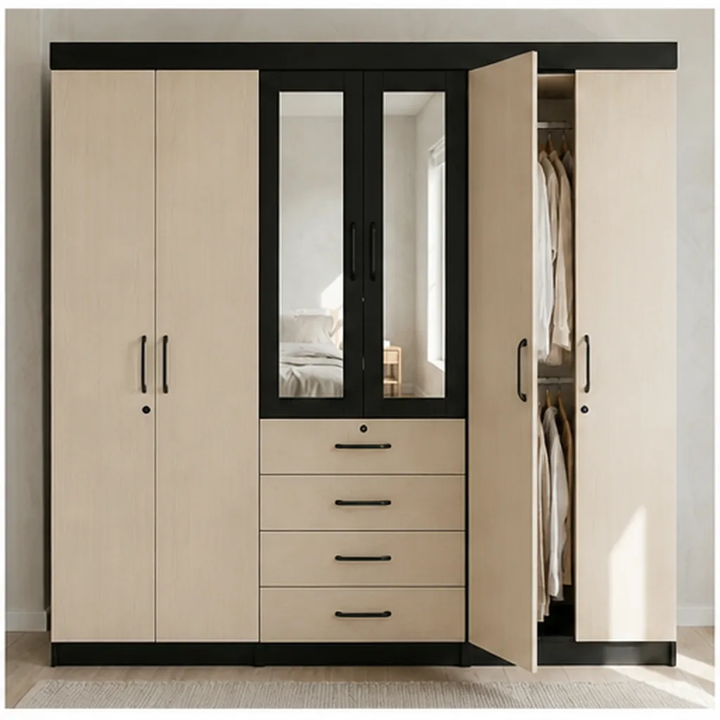 6 Door Wardrobe with Mirror and Drawers - Beige AI