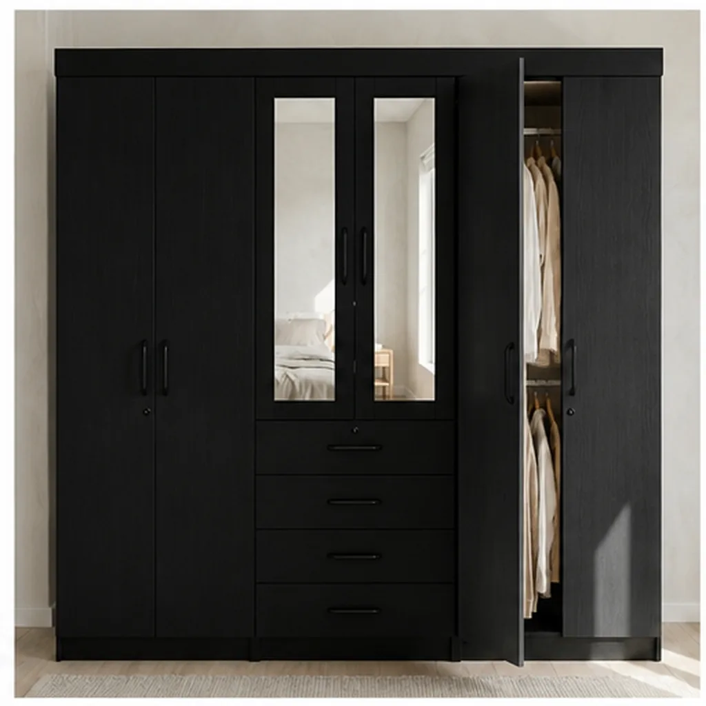 6 Door Wardrobe with Mirror and Drawers - Black AI