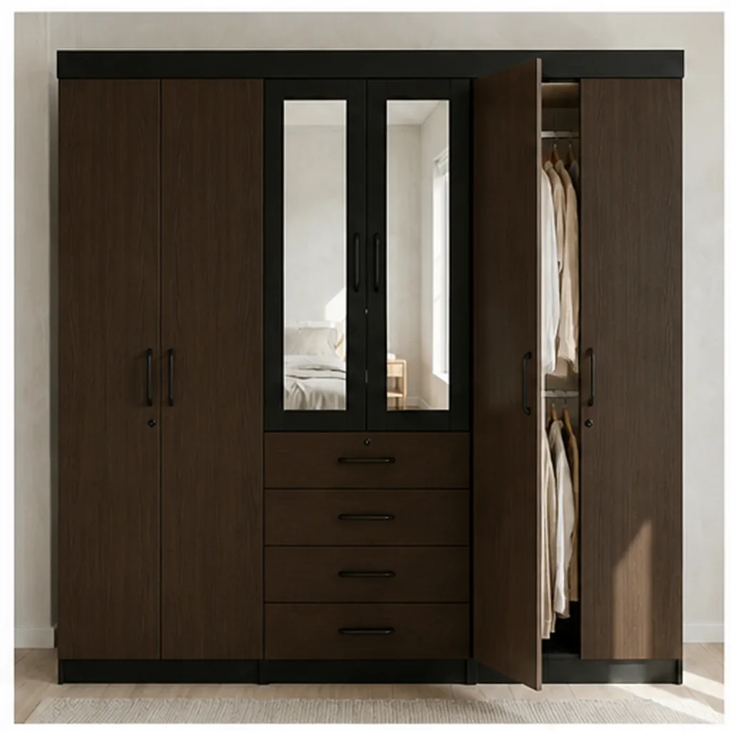 6 Door Wardrobe with Mirror and Drawers - Dark Brown AI