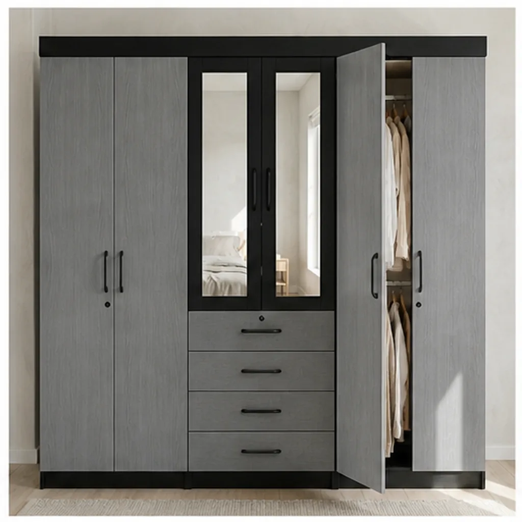 6 Door Wardrobe with Mirror and Drawers - Grey AI