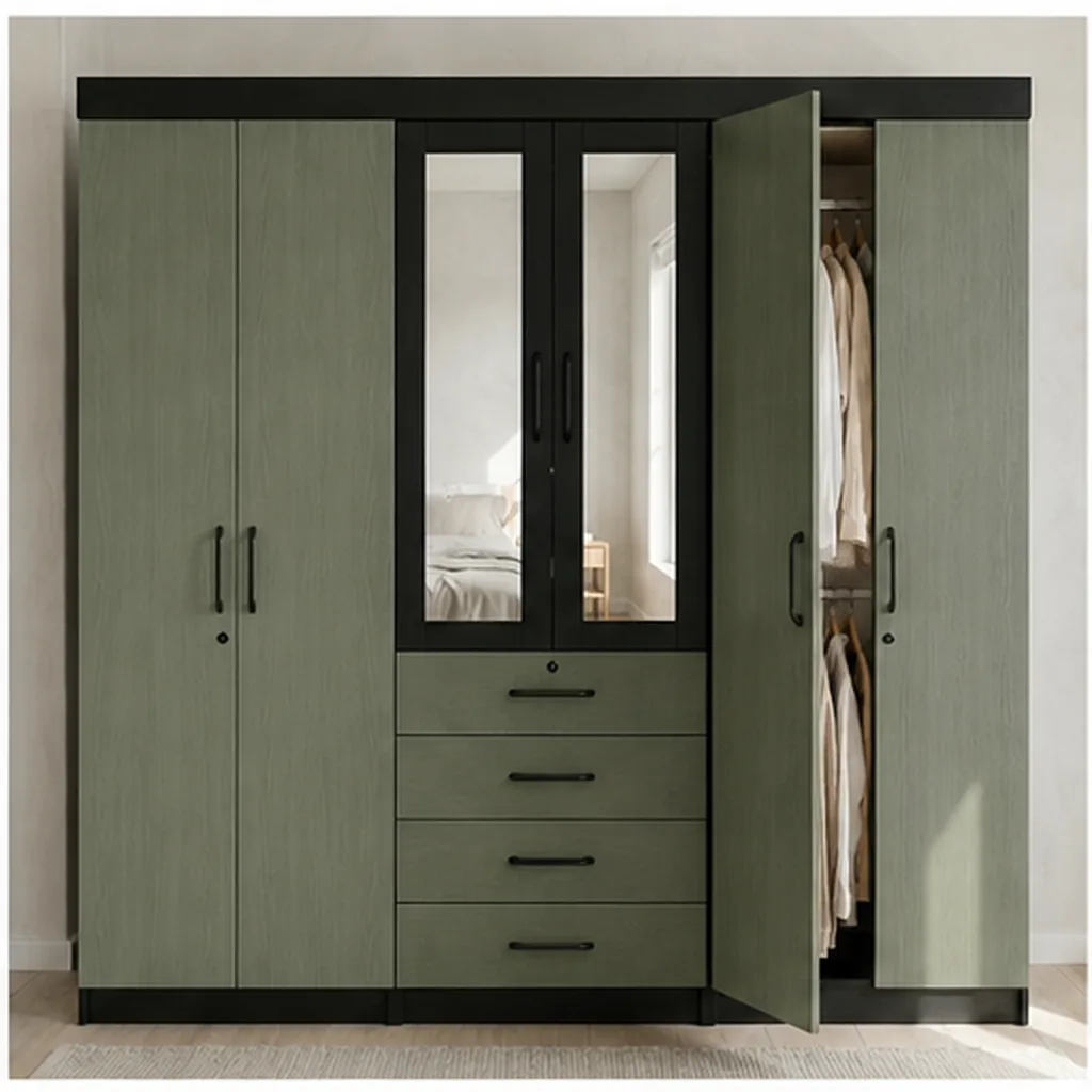 6 Door Wardrobe with Mirror and Drawers - Sage Green AI