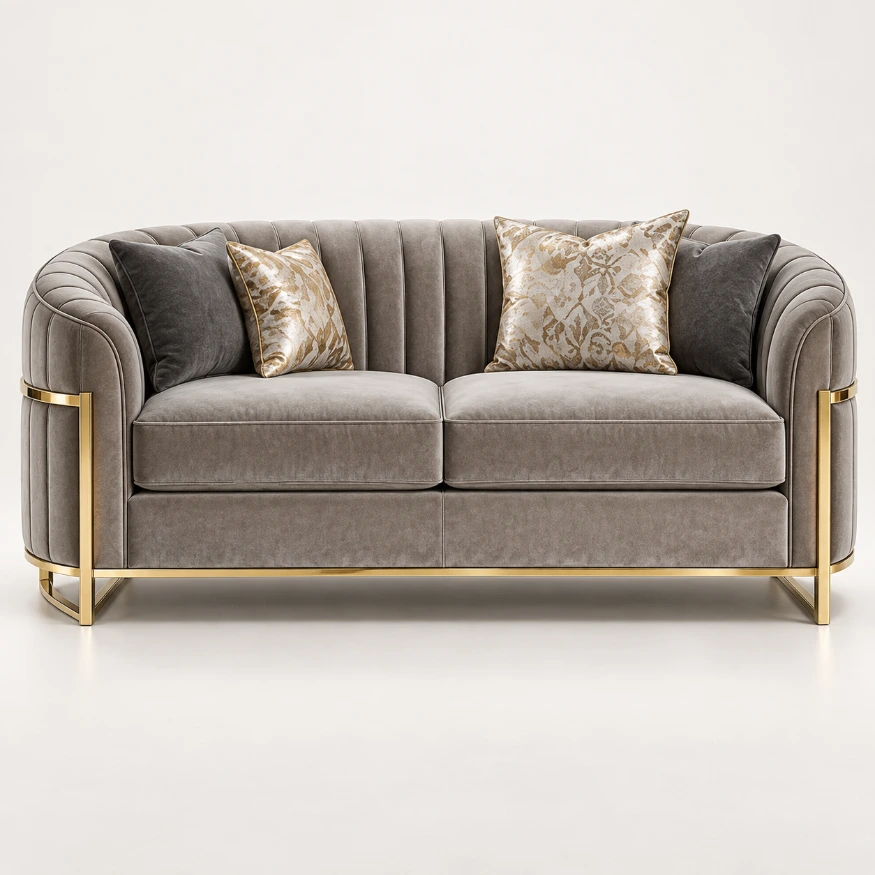 Valencia Curve 2 Seater Sofa – Taupe & Gold