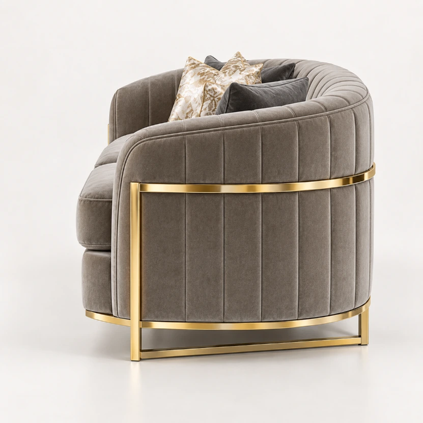 Valencia Curve 2 Seater Sofa – Taupe & Gold - Image 3