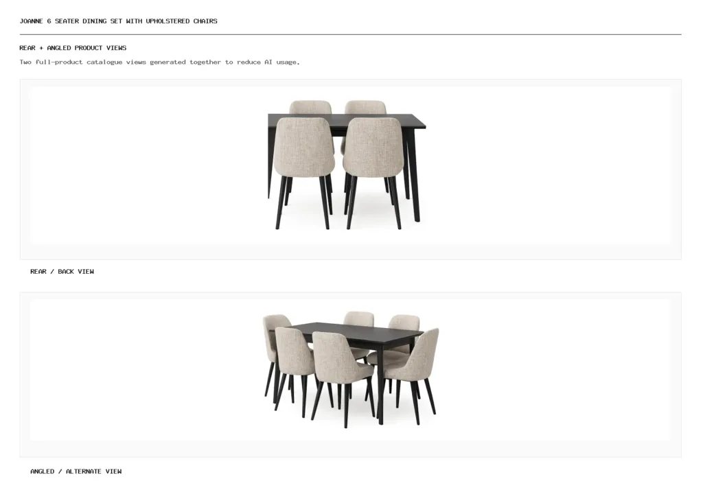 JOANNE 6 Seater Dining Set with Upholstered Chairs rear back and angled alternate product views