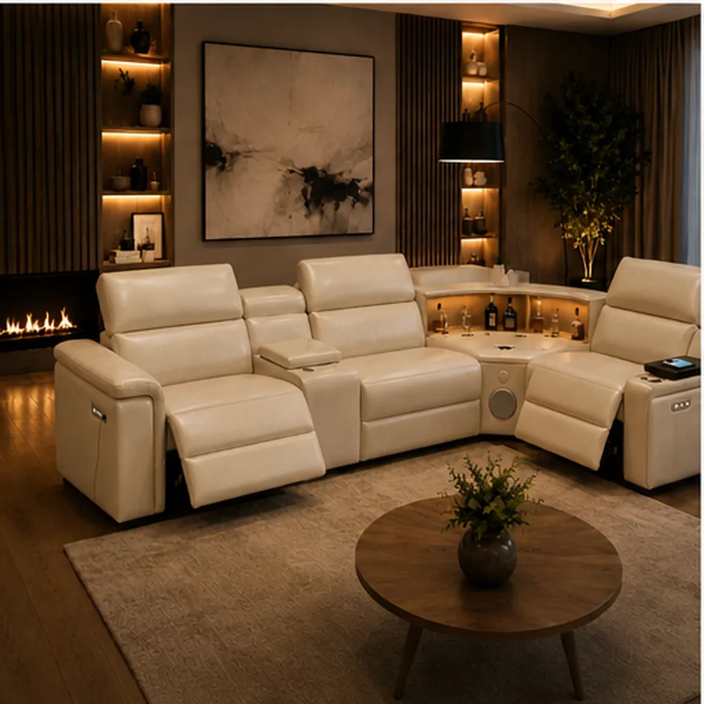 Cortiva Luxury Full Leather Electric Recliner Corner Sofa - Beige AI
