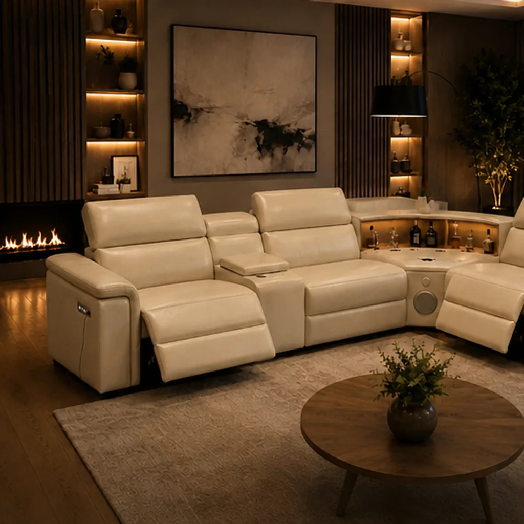 Cortiva Luxury Full Leather Electric Recliner Corner Sofa - Beige AI