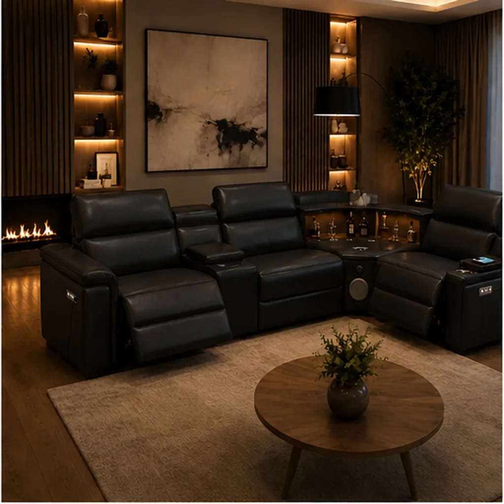 Cortiva Luxury Full Leather Electric Recliner Corner Sofa - Black AI