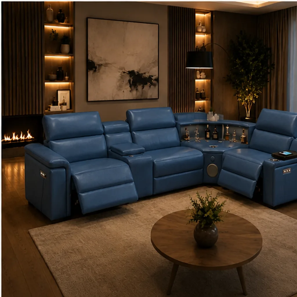 Cortiva Luxury Full Leather Electric Recliner Corner Sofa - Blue AI