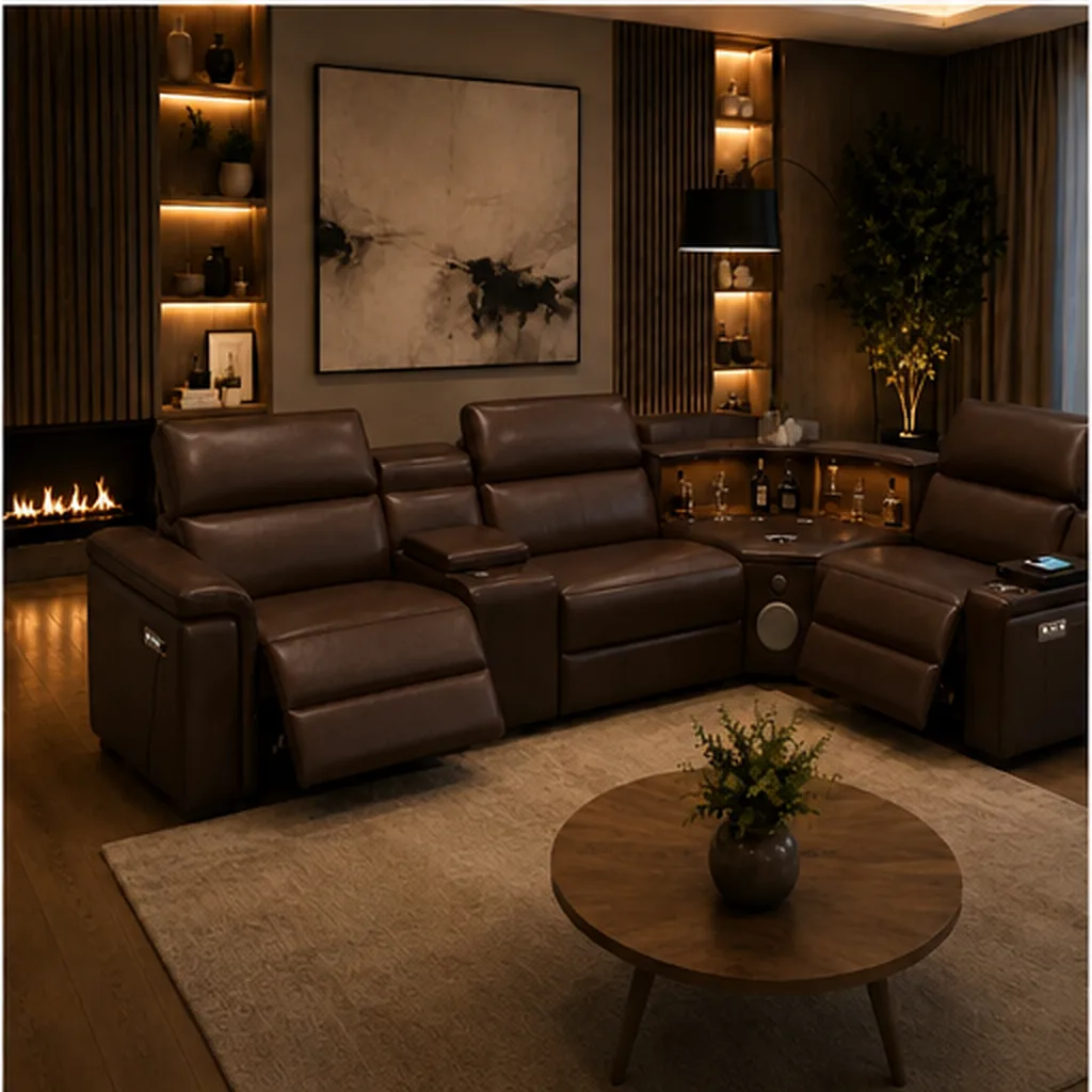 Cortiva Luxury Full Leather Electric Recliner Corner Sofa - Dark Brown AI