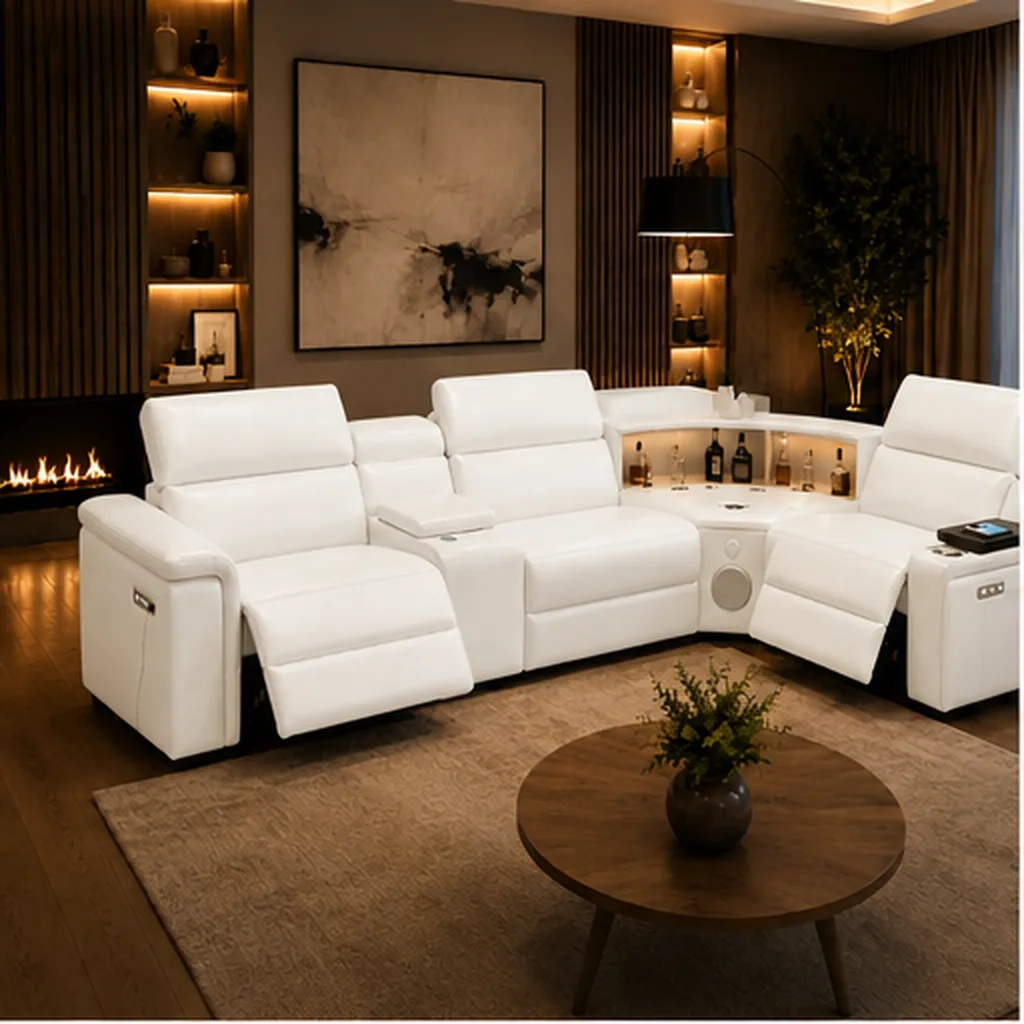 Cortiva Luxury Full Leather Electric Recliner Corner Sofa - White AI