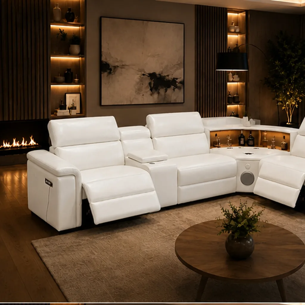 Cortiva Luxury Full Leather Electric Recliner Corner Sofa - White AI