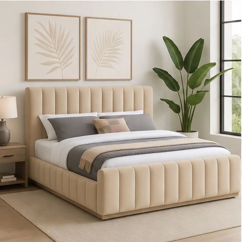 Designer Concepts Denia Velvet Upholstered Sleigh Bed Queen Grey Queen Bed - Beige AI