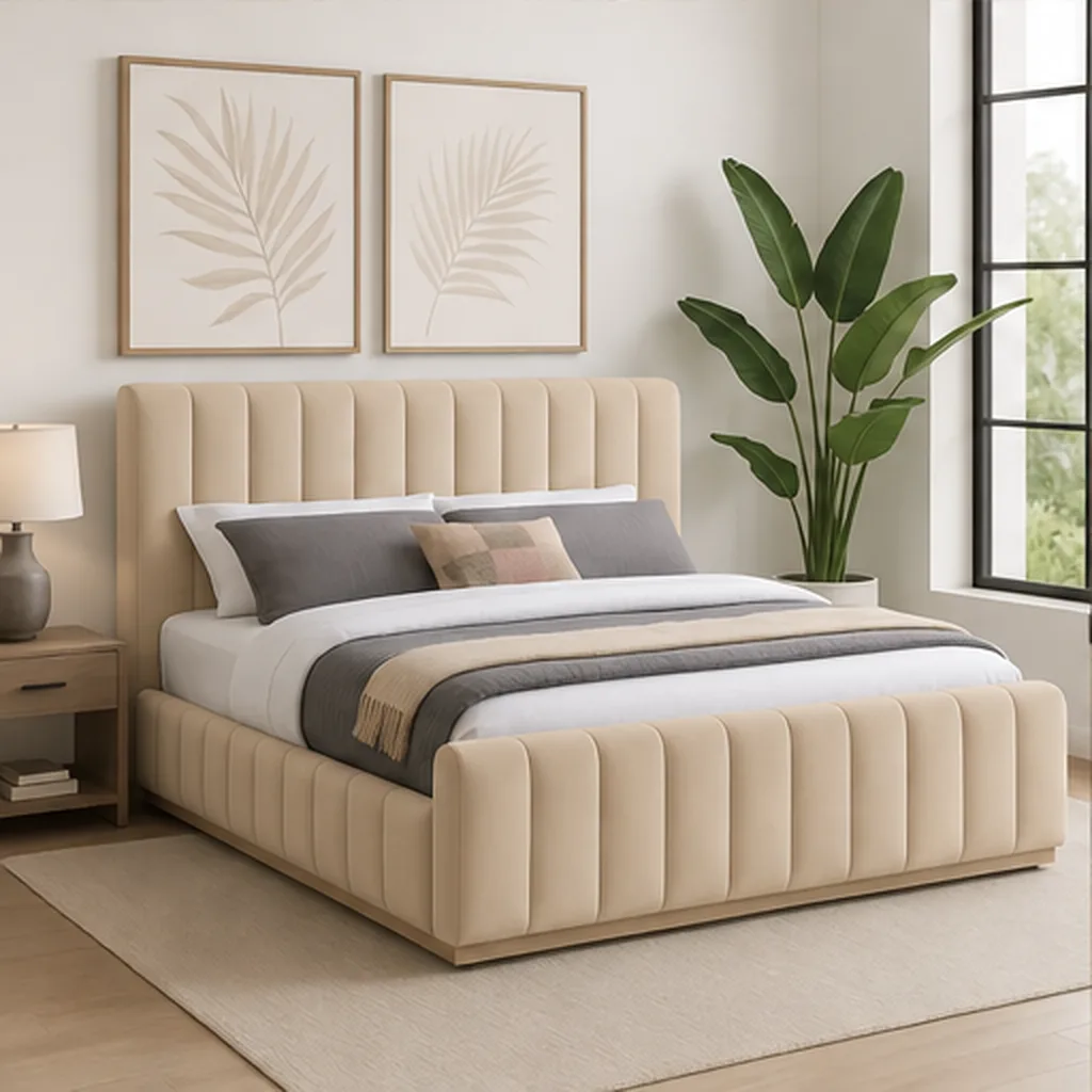 Designer Concepts Denia Velvet Upholstered Sleigh Bed Queen Grey Queen Bed - Beige AI
