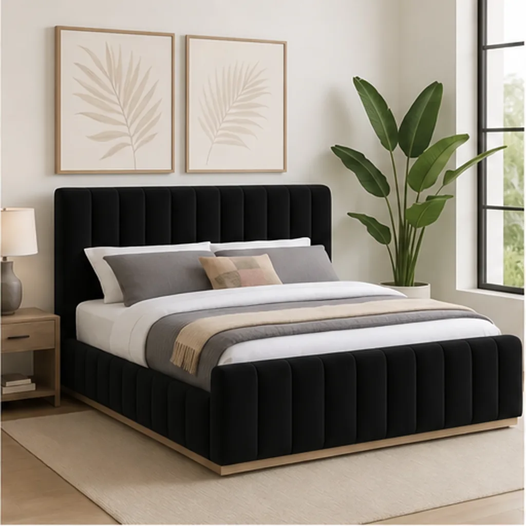 Designer Concepts Denia Velvet Upholstered Sleigh Bed Queen Grey Queen Bed - Black AI