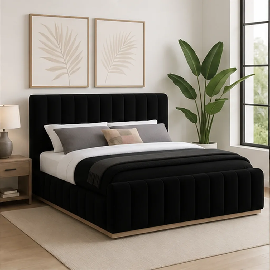 Designer Concepts Denia Velvet Upholstered Sleigh Bed Queen Grey Queen Bed - Black AI