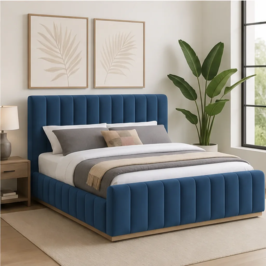 Designer Concepts Denia Velvet Upholstered Sleigh Bed Queen Grey Queen Bed - Blue AI