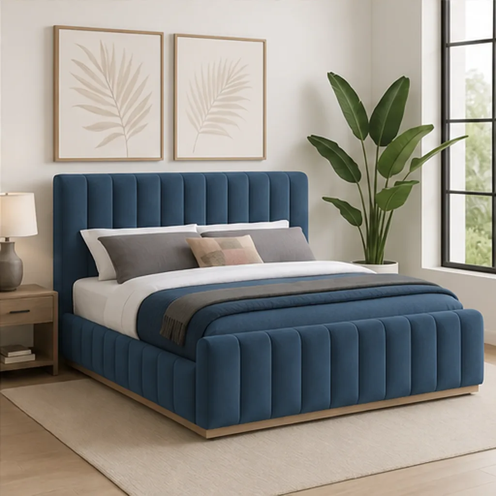Designer Concepts Denia Velvet Upholstered Sleigh Bed Queen Grey Queen Bed - Blue AI