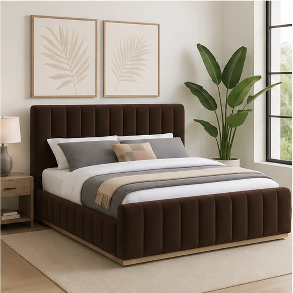 Designer Concepts Denia Velvet Upholstered Sleigh Bed Queen Grey Queen Bed - Dark Brown AI