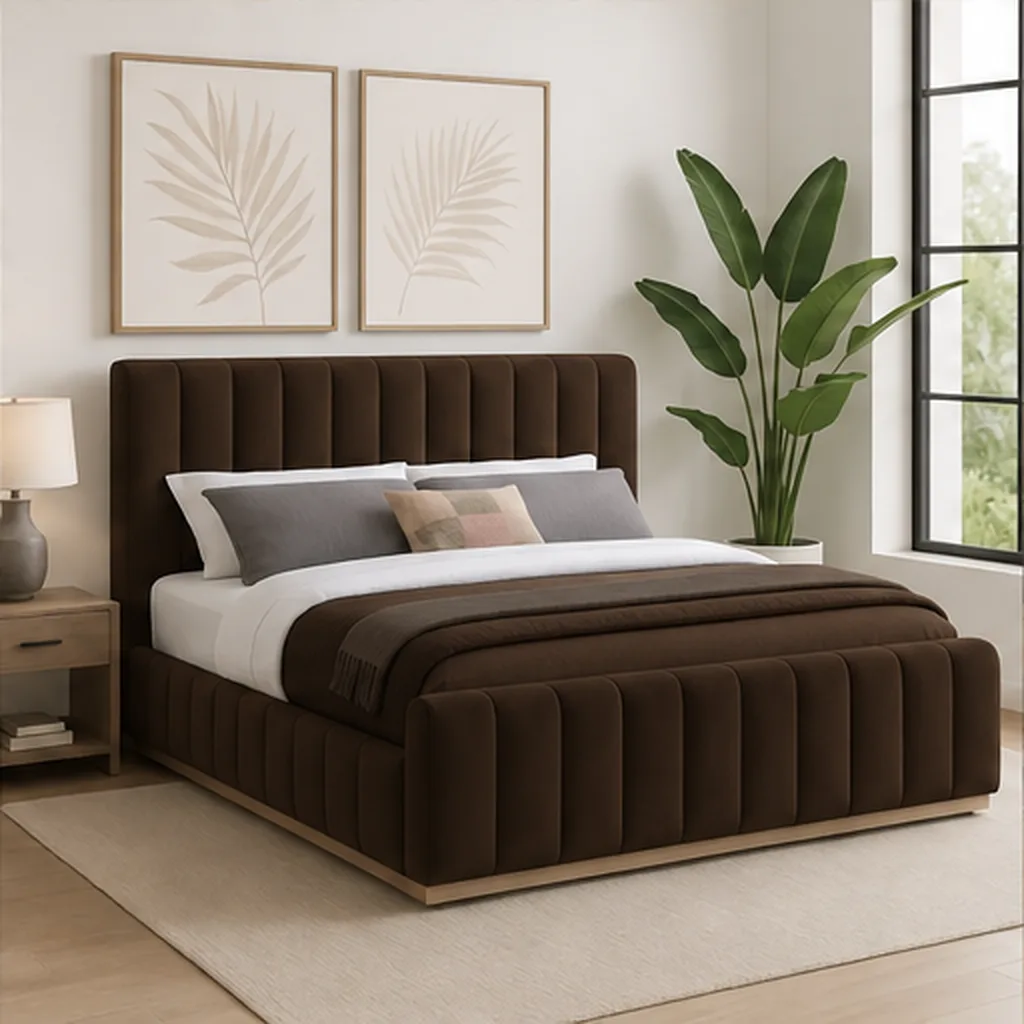 Designer Concepts Denia Velvet Upholstered Sleigh Bed Queen Grey Queen Bed - Dark Brown AI