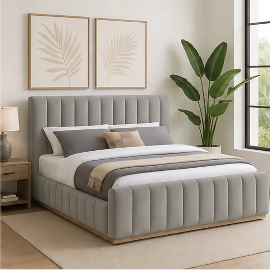 Designer Concepts Denia Velvet Upholstered Sleigh Bed Queen Grey Queen Bed - Grey AI