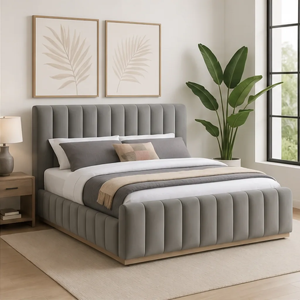 Designer Concepts Denia Velvet Upholstered Sleigh Bed Queen Grey Queen Bed - Grey AI