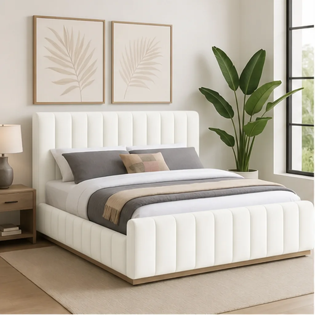 Designer Concepts Denia Velvet Upholstered Sleigh Bed Queen Grey Queen Bed - White AI