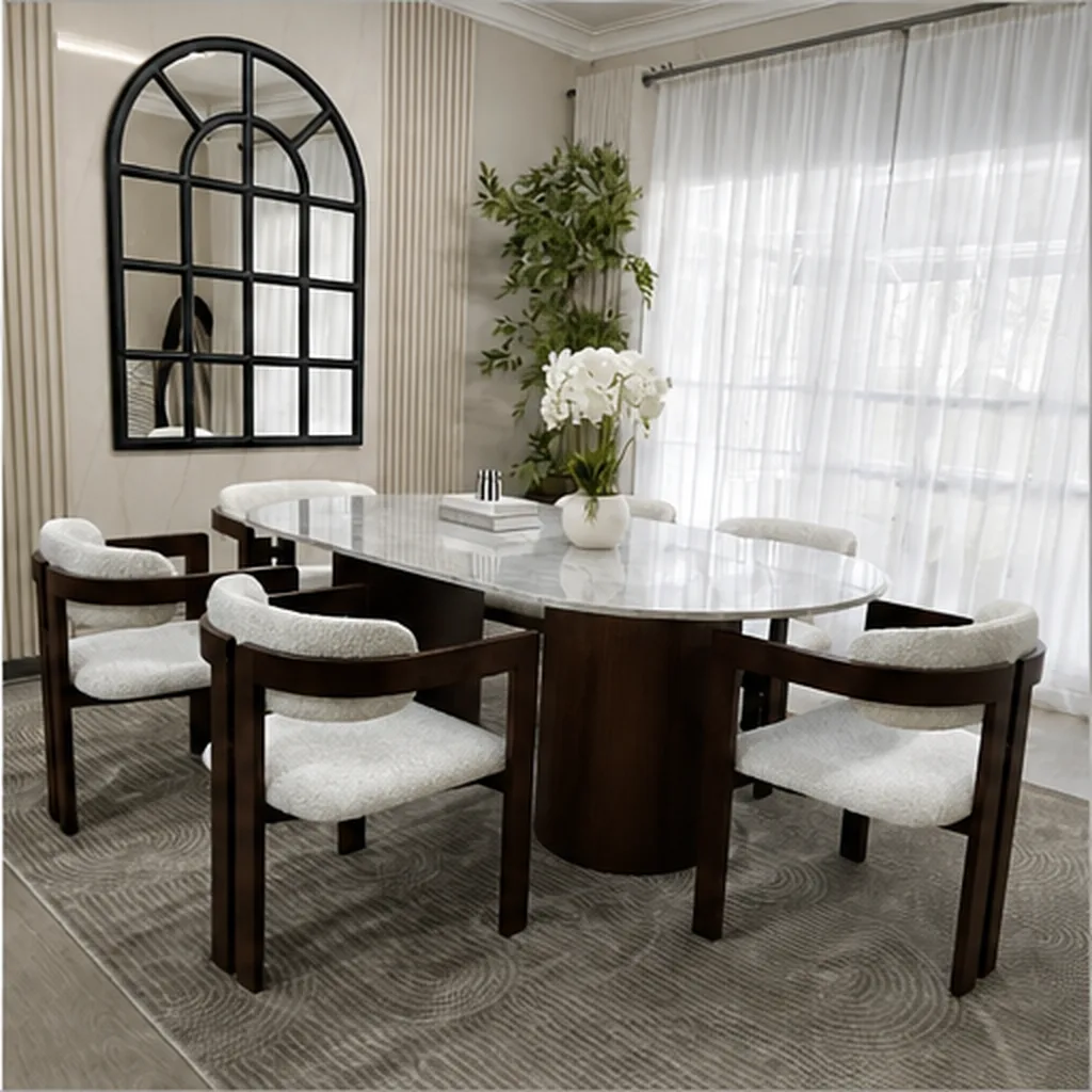 Elegant Oval Marble Dining Table with 6 Chairs - Dark Brown AI