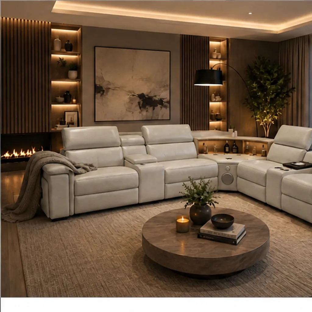 Elite Comfort Cream Leather Reclining Sectional with Console & Coffee Table - green AI