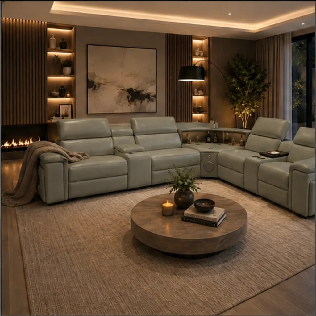 Elite Comfort Cream Leather Reclining Sectional with Console & Coffee Table - Muted Sage Green AI