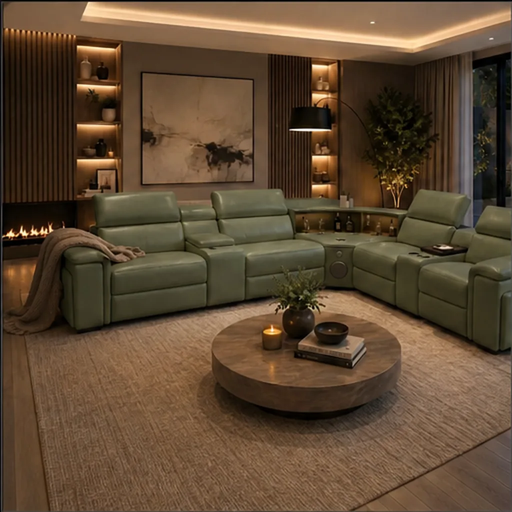 Elite Comfort Cream Leather Reclining Sectional with Console & Coffee Table - Sage Green AI