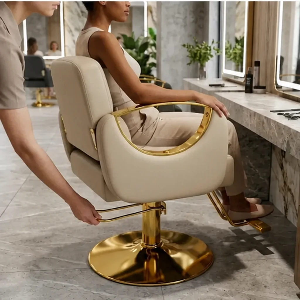 Gold Accent Hairdresser Salon Chair - Beige AI