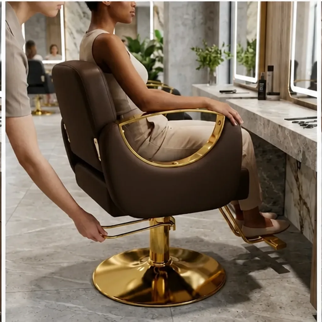 Gold Accent Hairdresser Salon Chair - Dark Brown AI