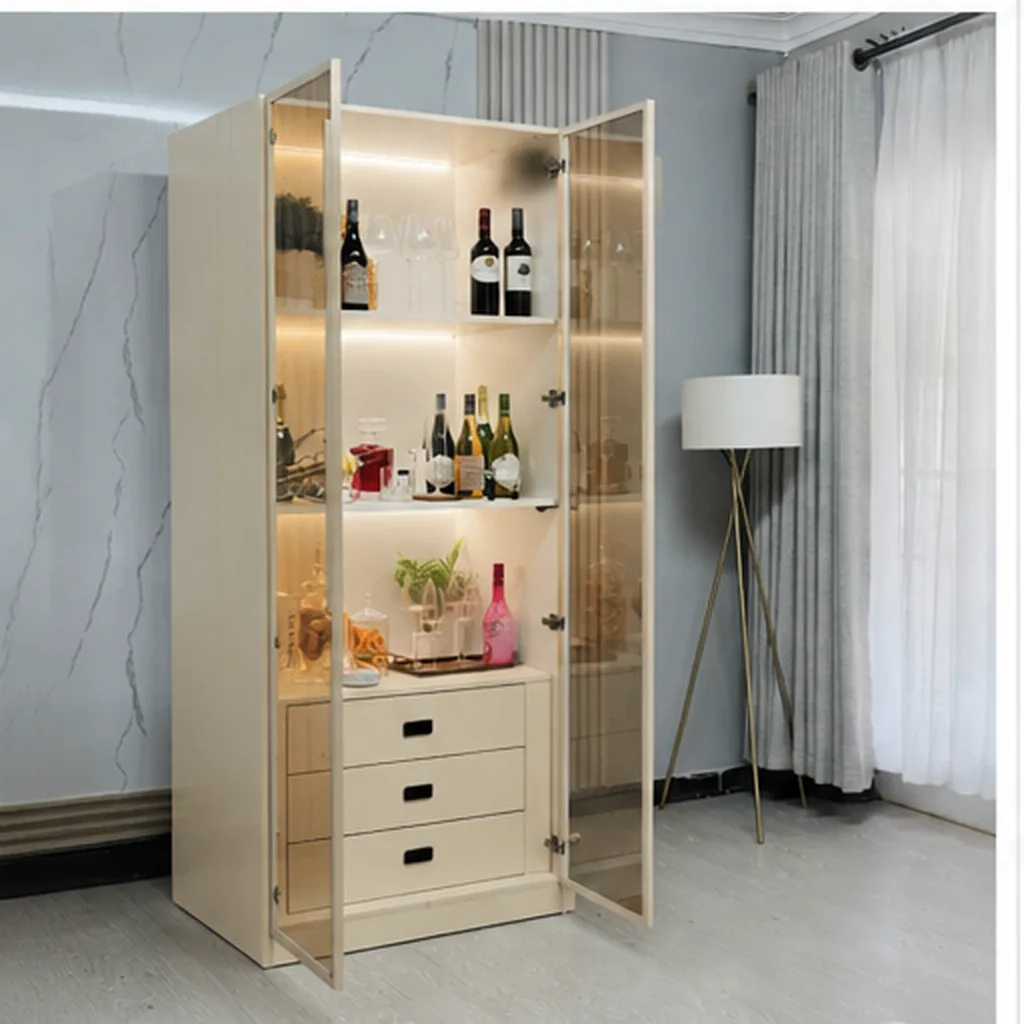 Illuminated Modern Home Bar Cabinet with Glass Doors - Beige AI