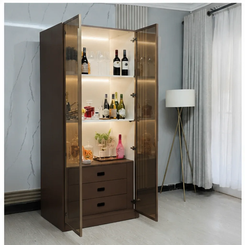 Illuminated Modern Home Bar Cabinet with Glass Doors - Dark Brown AI
