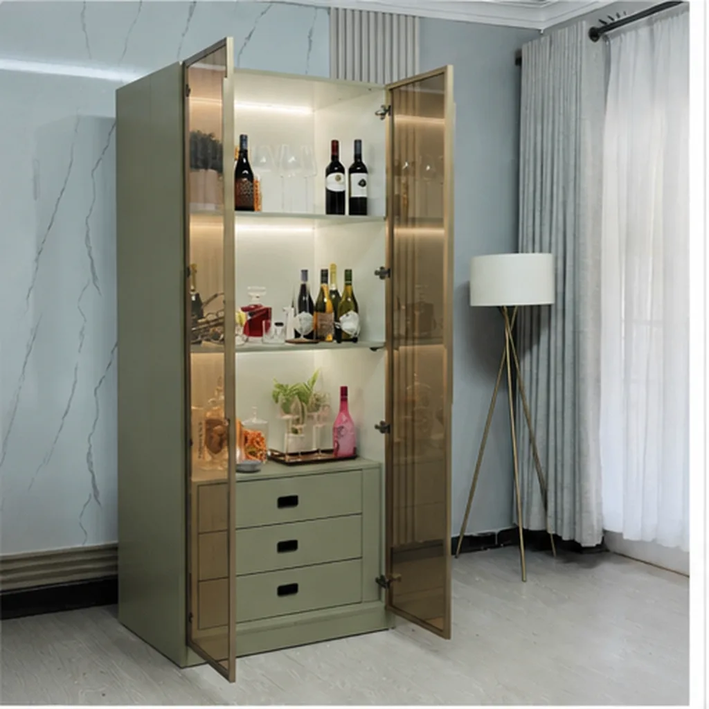 Illuminated Modern Home Bar Cabinet with Glass Doors - Sage Green AI