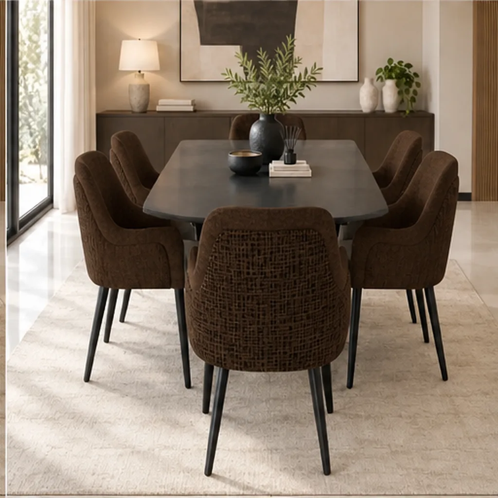 JOANNE 6 Seater Dining Set with Upholstered Chairs - Dark Brown AI