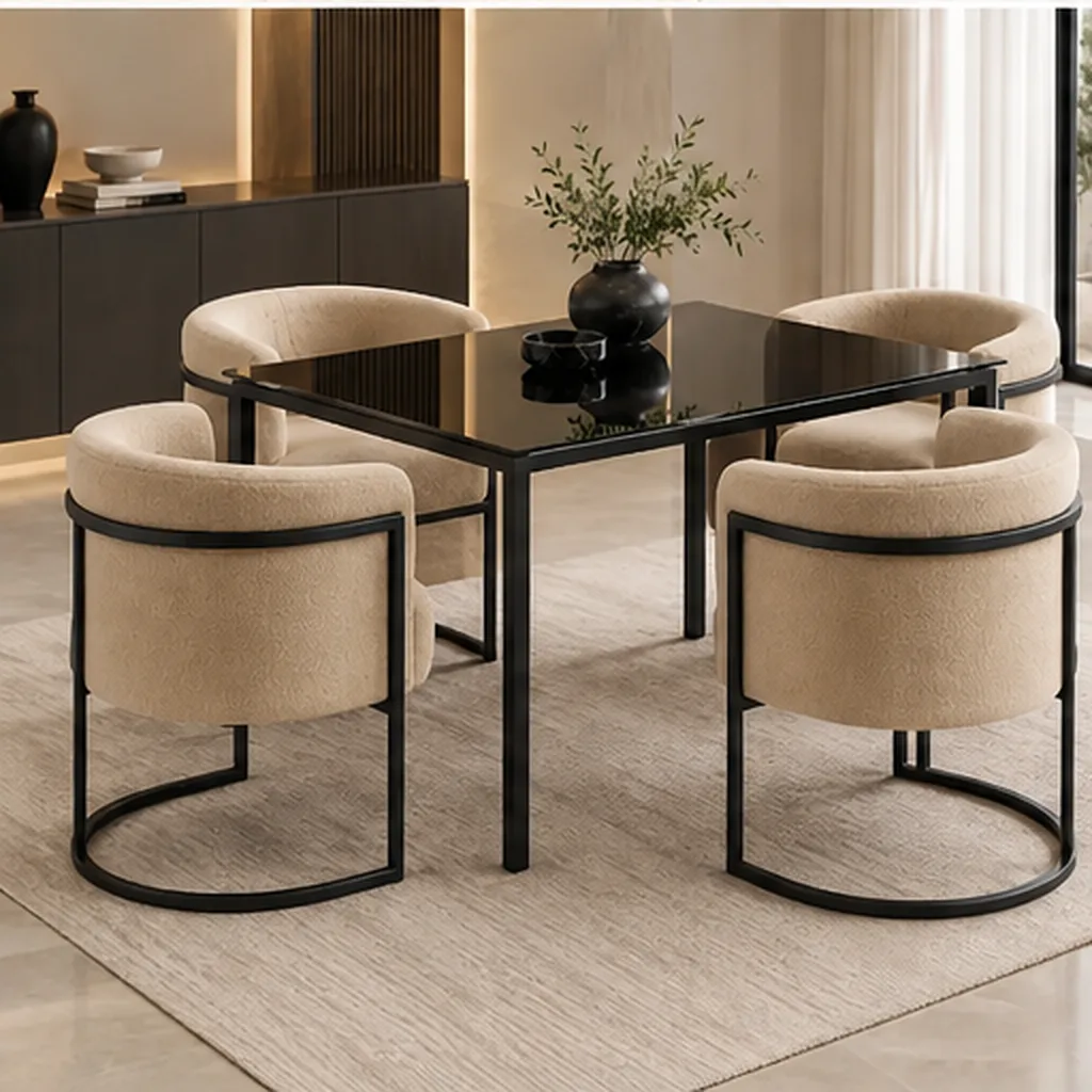 Lucky Furn 4-Seater Dining Set – Black Glass Table & Cream Bouclé Chairs - Beige AI