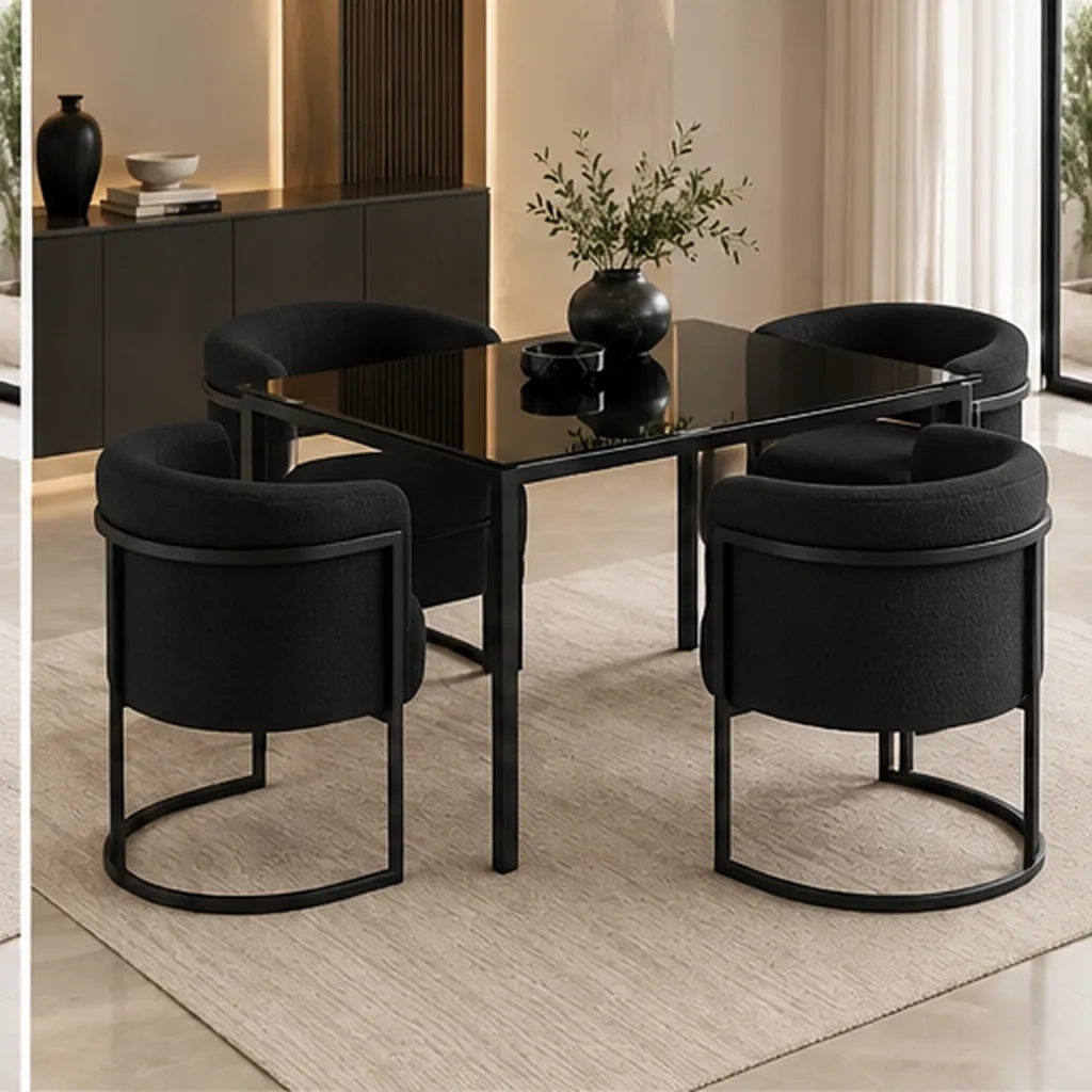 Lucky Furn 4-Seater Dining Set – Black Glass Table & Cream Bouclé Chairs - Black AI