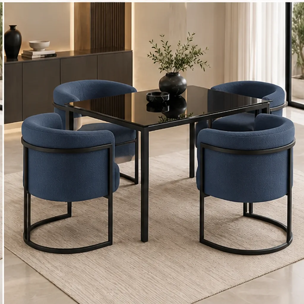 Lucky Furn 4-Seater Dining Set – Black Glass Table & Cream Bouclé Chairs - Blue AI