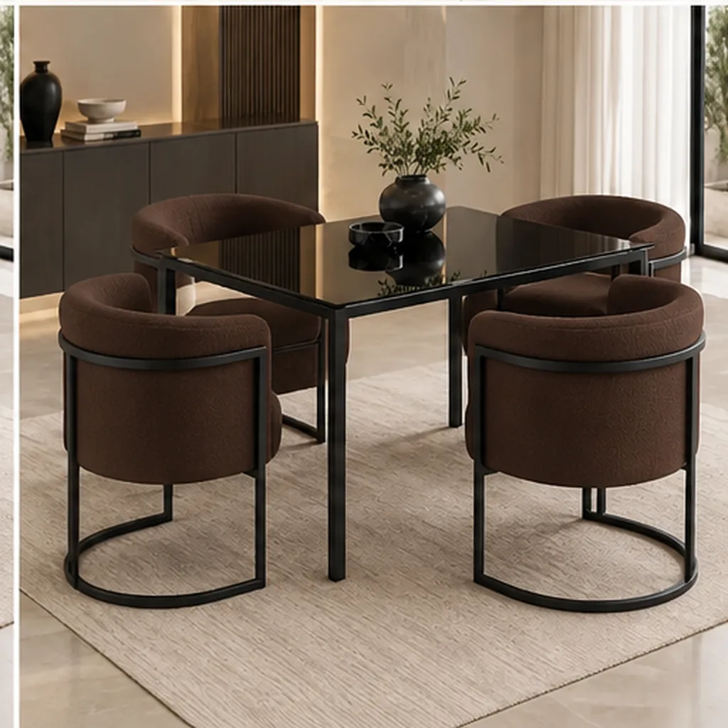Lucky Furn 4-Seater Dining Set – Black Glass Table & Cream Bouclé Chairs - Dark Brown AI
