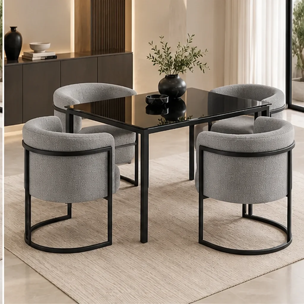 Lucky Furn 4-Seater Dining Set – Black Glass Table & Cream Bouclé Chairs - Grey AI