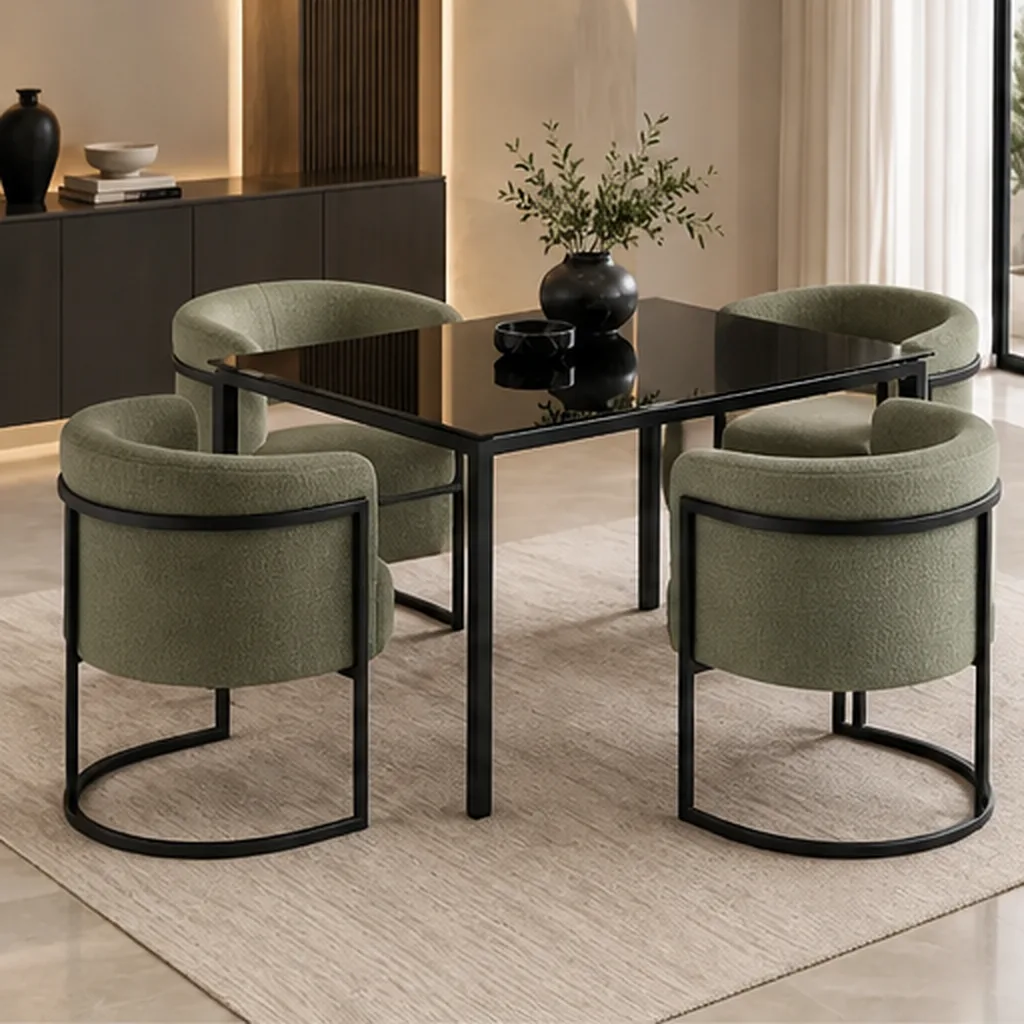 Lucky Furn 4-Seater Dining Set – Black Glass Table & Cream Bouclé Chairs - Sage Green AI