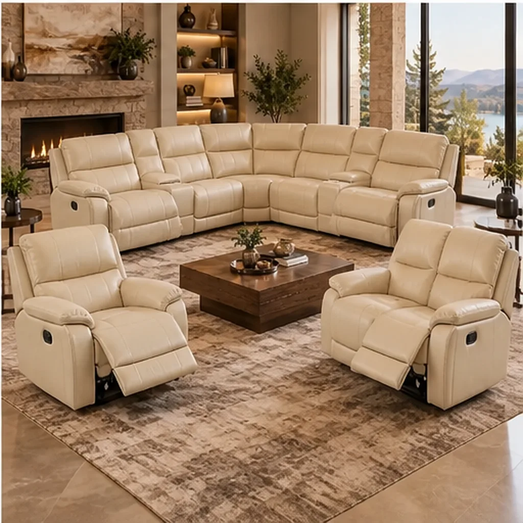 Monaco Luxury Recliner Lounge Suite – Corner Sofa, 2-Seater & Single Recliner – Dark Brown - Beige AI